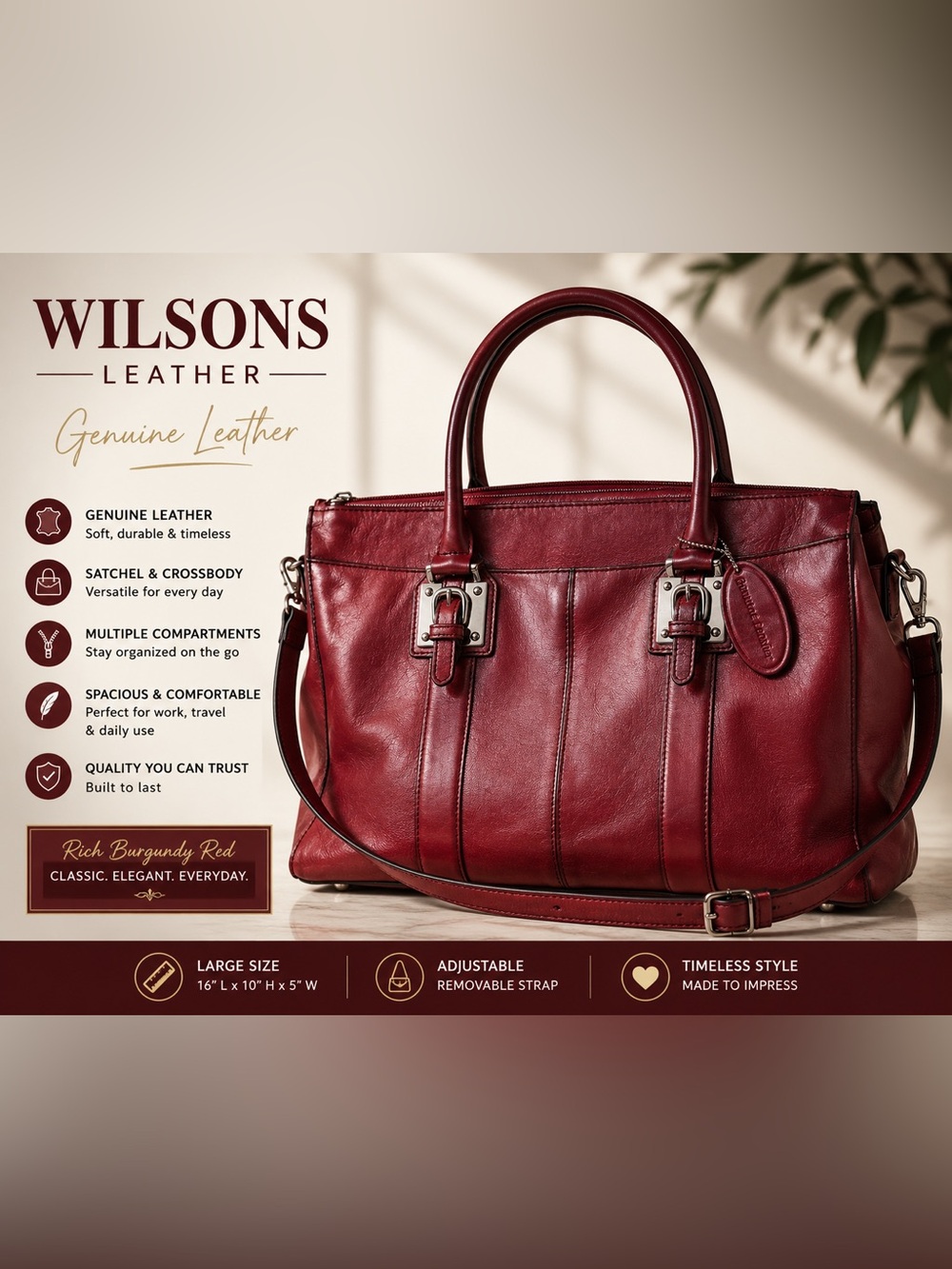 Wilsons Leather Red Genuine Leather Satchel Tote Bag Crossbody Shoulder Purse